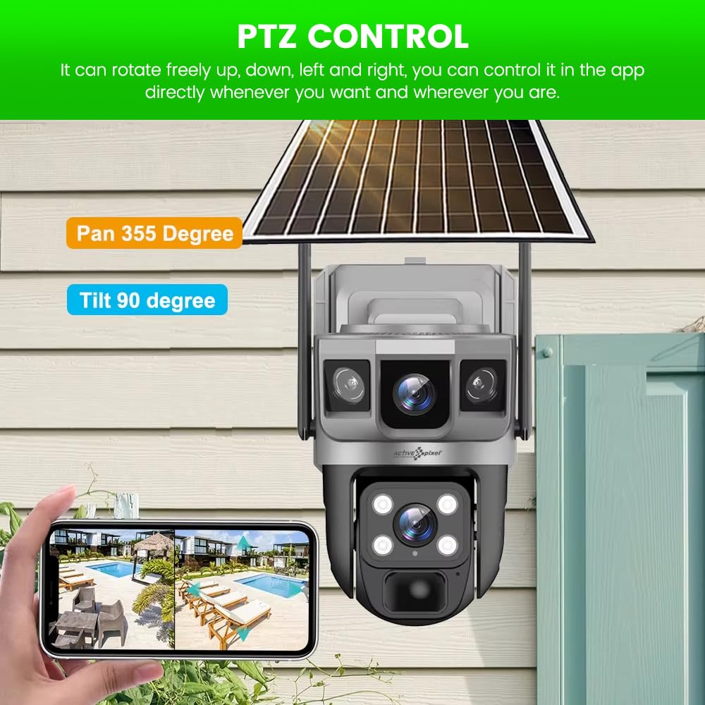 Active Pixel 4G Dual Camera 4mp+4mp Lens Solar Powered | 4G SIM | IP66 Waterproof | 2-Way Audio | Outdoor Surveillance for Agriculture,Construction Site,Farm,Garden etc (Solar Dual Camera)
