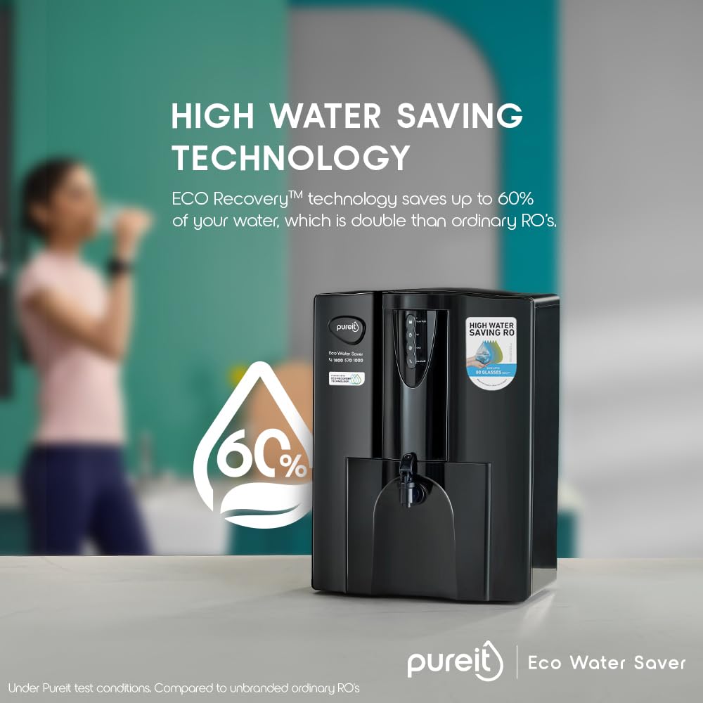 Pureit Eco Water Saver RO+UV+MF+Mineral | INR 1000 Off on Exchange | 7 stage | 10L | Upto 60% Water Savings | Suitable for Borewell, Tanker & Municipal Water | Table Top | Wall Mountable |Black