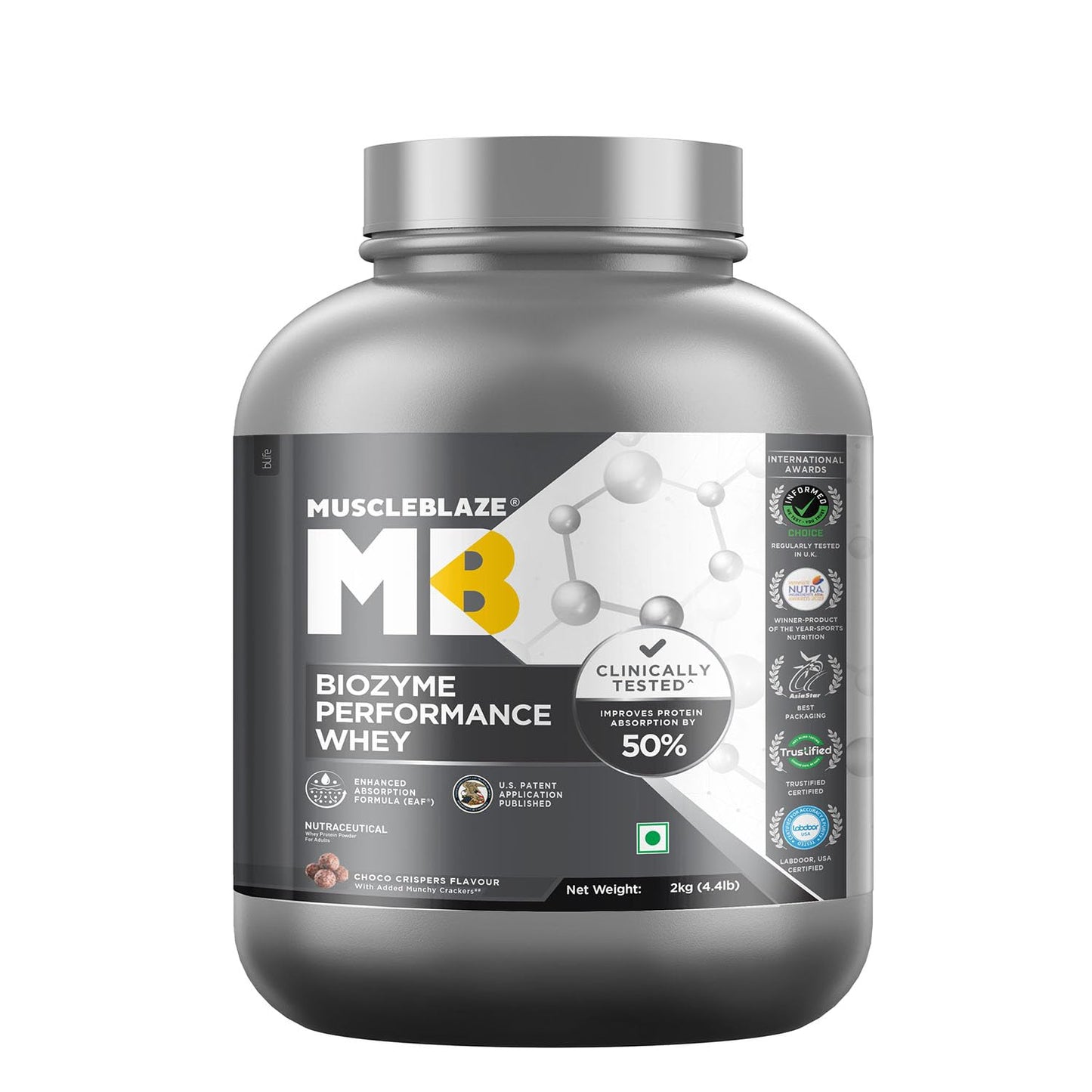 MuscleBlaze Biozyme Performance Whey Protein Powder, Chocolate Peanut Butter (2kg / 4.4lbs) | 25g Protein Per Scoop | Clinically Tested 50% Higher Protein Absorption