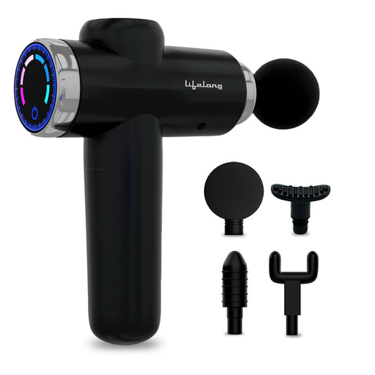 Lifelong Gun Massager for Pain Relief with 4 Heads & LCD Touch Display - Battery Powered - Deep Tissue with 6 Speed Settings for Percussion for Full Body (LLGM171, Black)