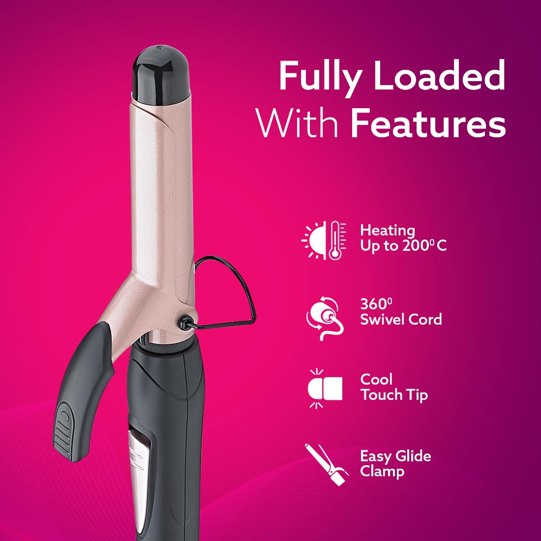 AGARO HC6001 Hair Curler with 25MM Barrel, Rod, Tong, Tourmaline Infused Ceramic Coated Plates, Cool Touch Tip, Fast Heating, for Women, Long and Short Hair Curling, Styling, Black & Rose Gold