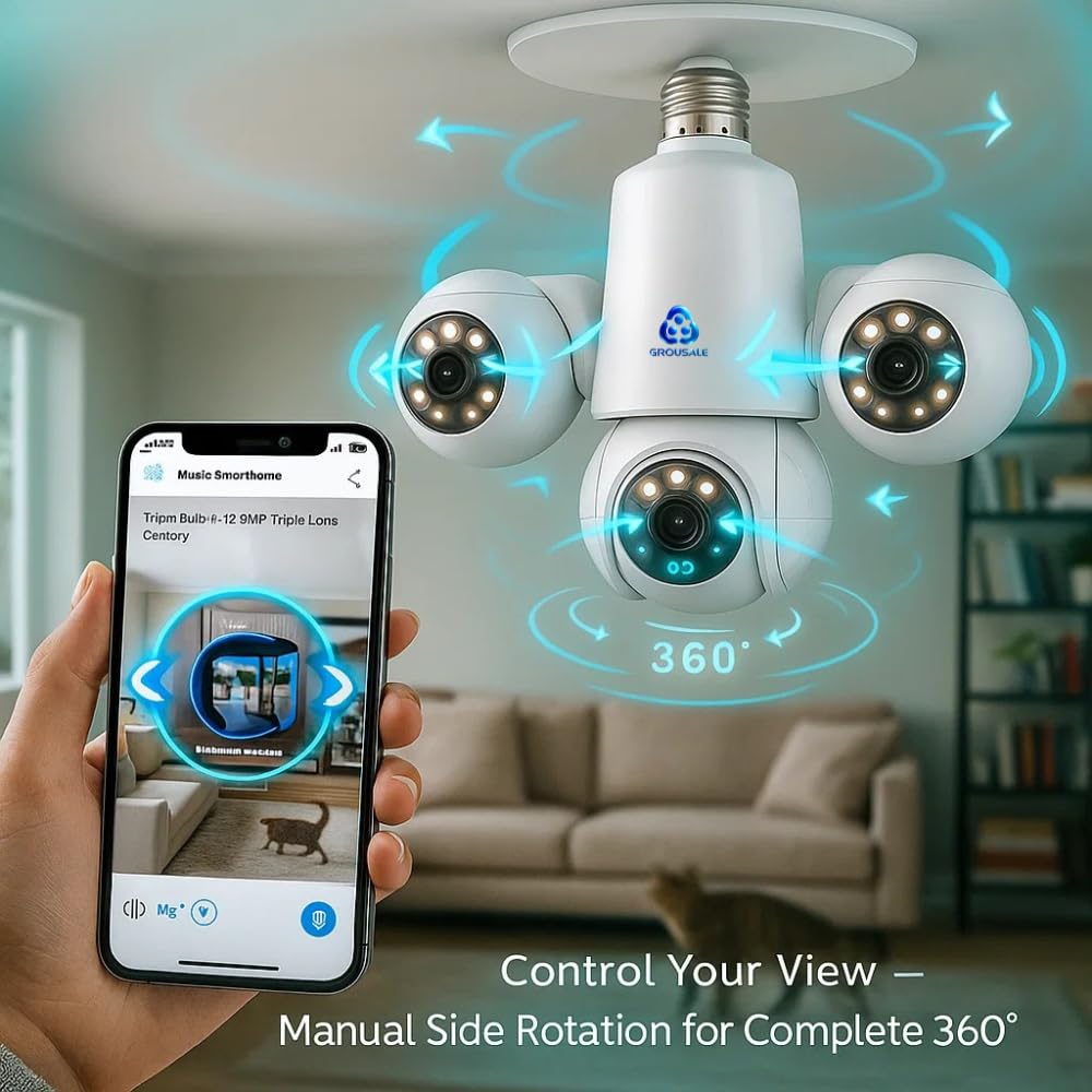 Trion Bulb 5MP*5 FHD Triple Lens WiFi CCTV Camera | Manual Side Rotation | 360° View | Color Night Vision | AI Human Detection | Two-Way Audio | Indoor Security | TF Card Support