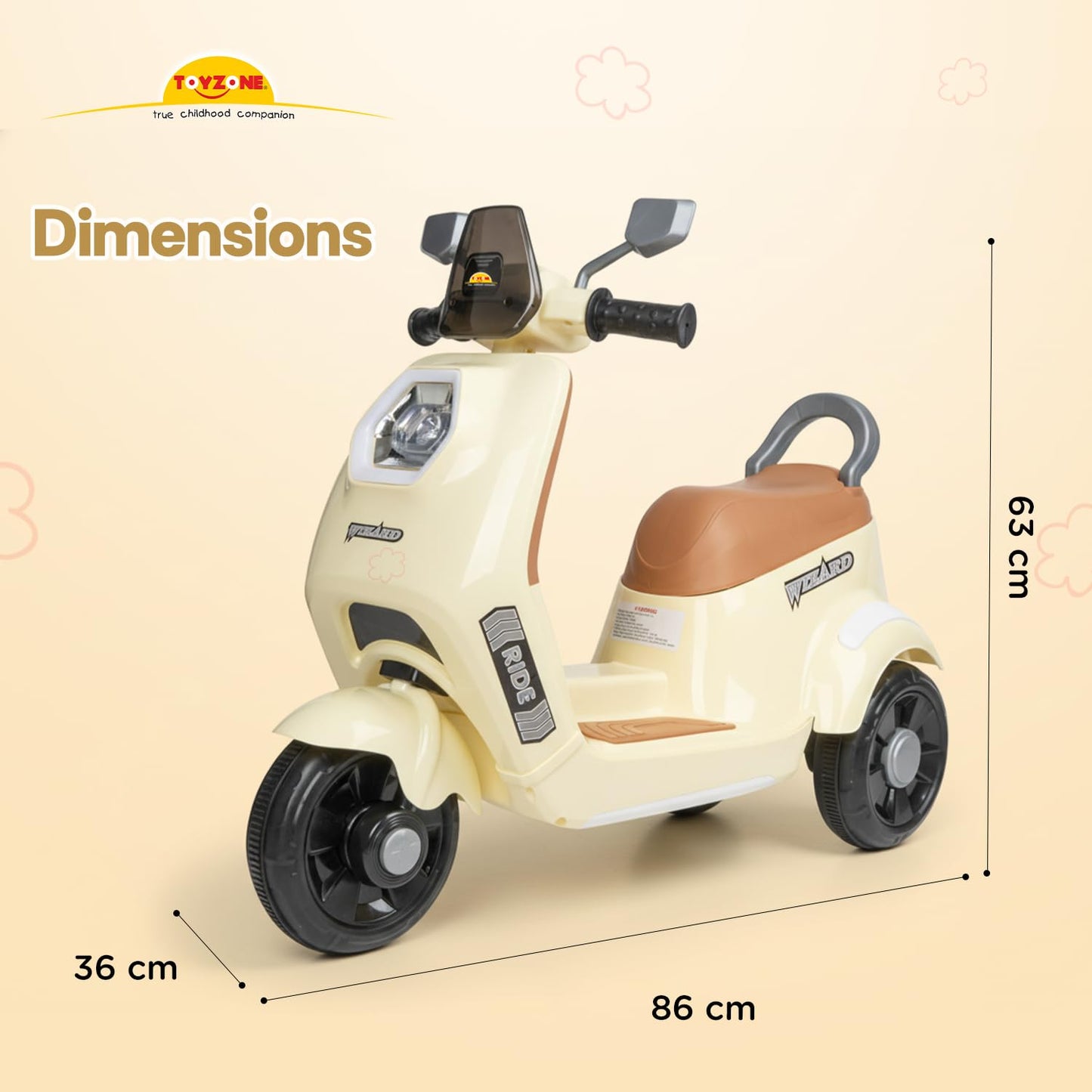 Toyzone Wizard Electric Scooty | Rechargeable Scooty 6V | Powered by 6.5 ah Battery | Music Player with Bluetoooth & USB | 6 Month Warranty on Battery | Make in India | for Kids 2+ Years (Ivory)