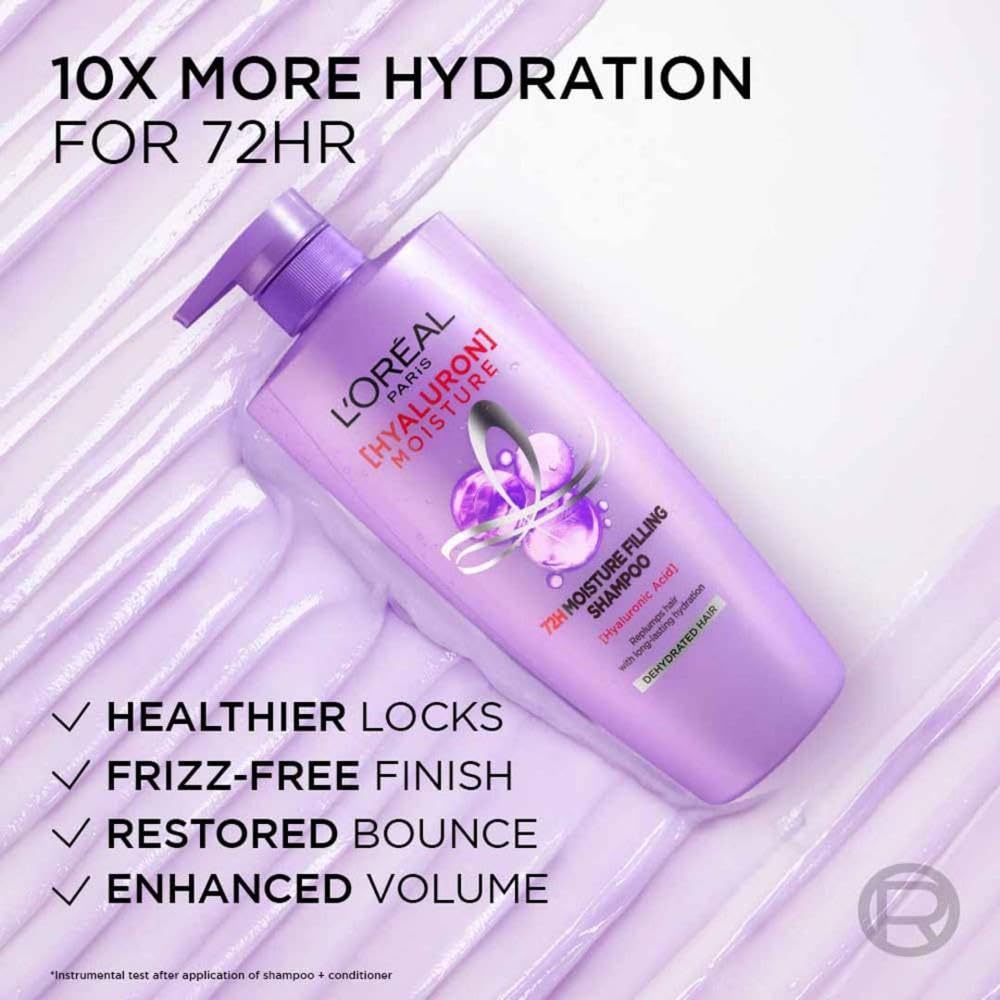 L'Oreal Paris Hyaluron Moisture 72HR Moisture Filling Shampoo powered by Hyaluronic Acid, for Frizz-free, Hydrated and Bouncy Hair Full of Life | 650 ml - Springkart 