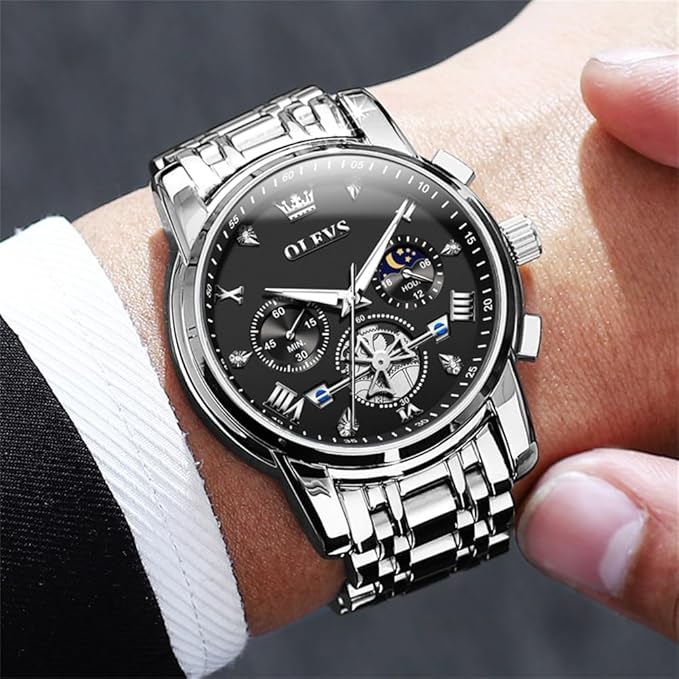 OLEVS Mens Chronograph Watch Gold Silver Stainless Steel Chain Quartz Wrist Watches Business Dress Waterproof Luminous Date Watch