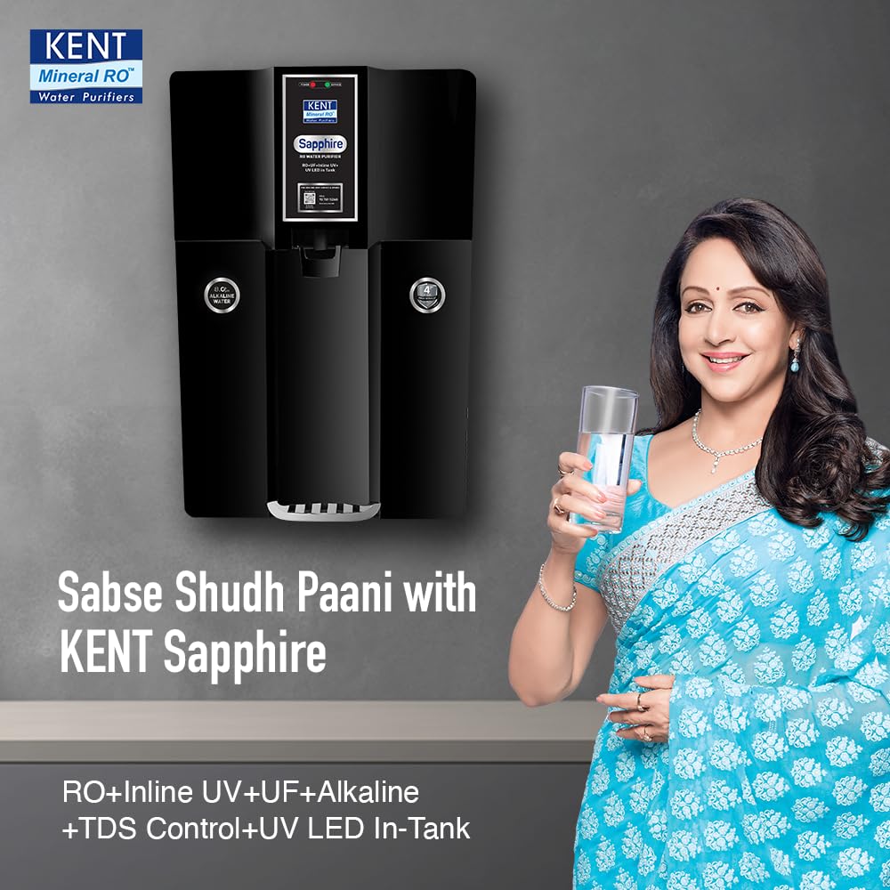 KENT Sapphire-B RO Water Purifier|RO+UF+Inline UV+Alkaline+TDS Control+UV LED in Tank |Fully Automatic On & OFF Operation|.0001 Micron RO Membrane|20 LPH|8L| Ideal For Borewell/Tanker/Municipal Water