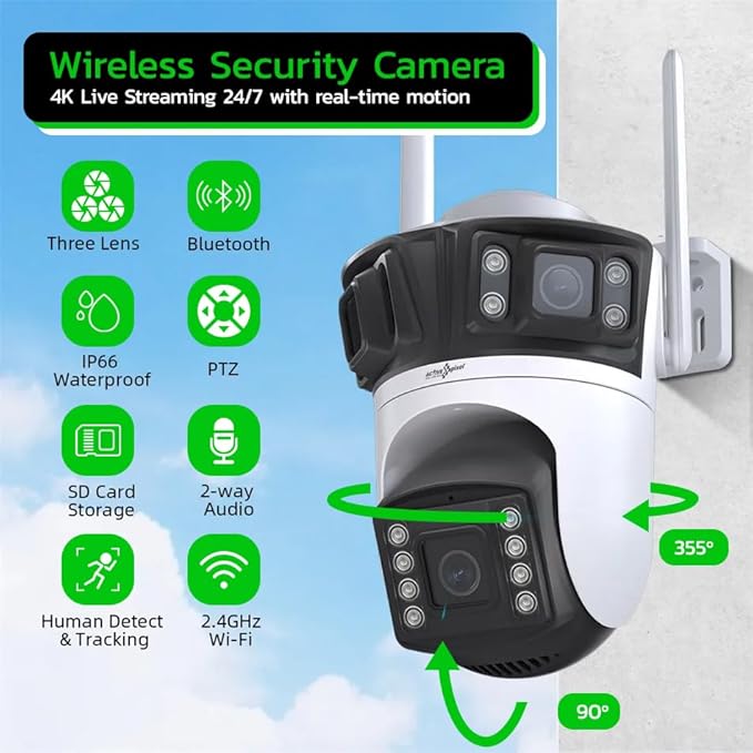 Active Pixel A9 4+4+4MP Triple Lens WiFi Outdoor Security Camera | 8 LED Full-Color Night Vision | 360° PTZ | Motion Tracking | Human Detection | Two-Way Audio | Waterproof CCTV for Home & Office