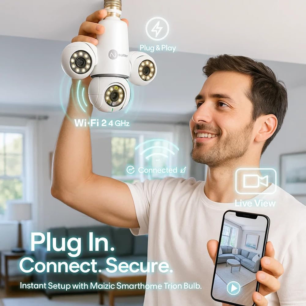 Maizic Smarthome Trion Bulb 5+5+5MP FHD Triple Lens WiFi CCTV Camera | Manual Side Rotation | 360° View | Color Night Vision | AI Human Detection | Two-Way Audio | Indoor Security | TF Card Support