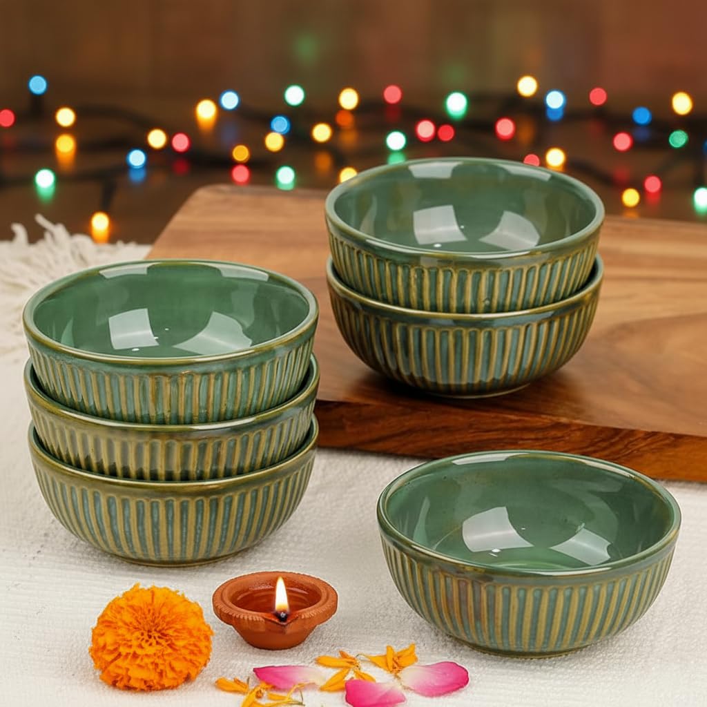 The Earth Store Glam Green Ceramic Bowl Set of 4, 250 ML Microwave & Dishwasher Safe Bowl Katori for Serving Snacks, Dal, Rice, Dessert | Perfect for Gifting and Daily Use