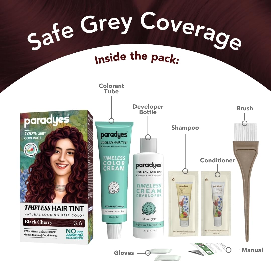 Paradyes Black Cherry Timeless Hair Tint, Permanent Crème Hair Colour for Natural-Looking Results, Complete Grey Coverage, Long-Lasting Formula Free from PPD, Ammonia, & Resorcinol, 3.6 Black Cherry