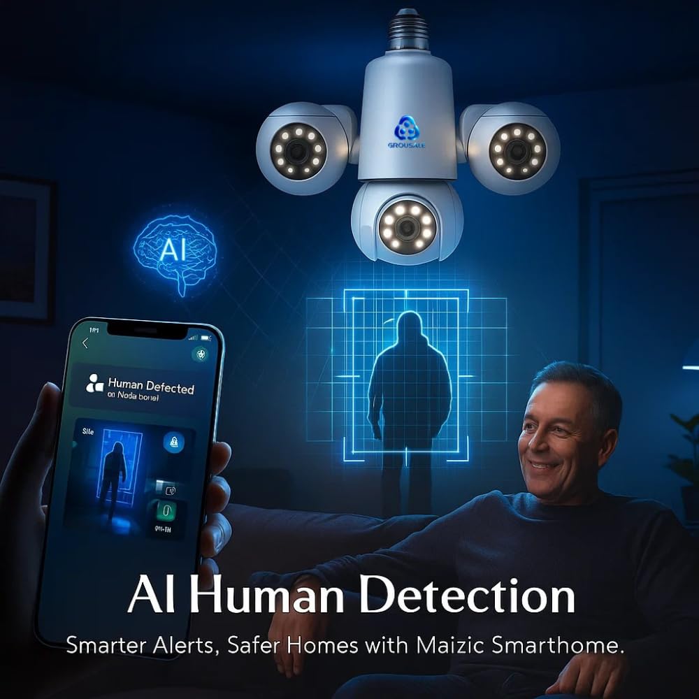 Trion Bulb 5MP*5 FHD Triple Lens WiFi CCTV Camera | Manual Side Rotation | 360° View | Color Night Vision | AI Human Detection | Two-Way Audio | Indoor Security | TF Card Support