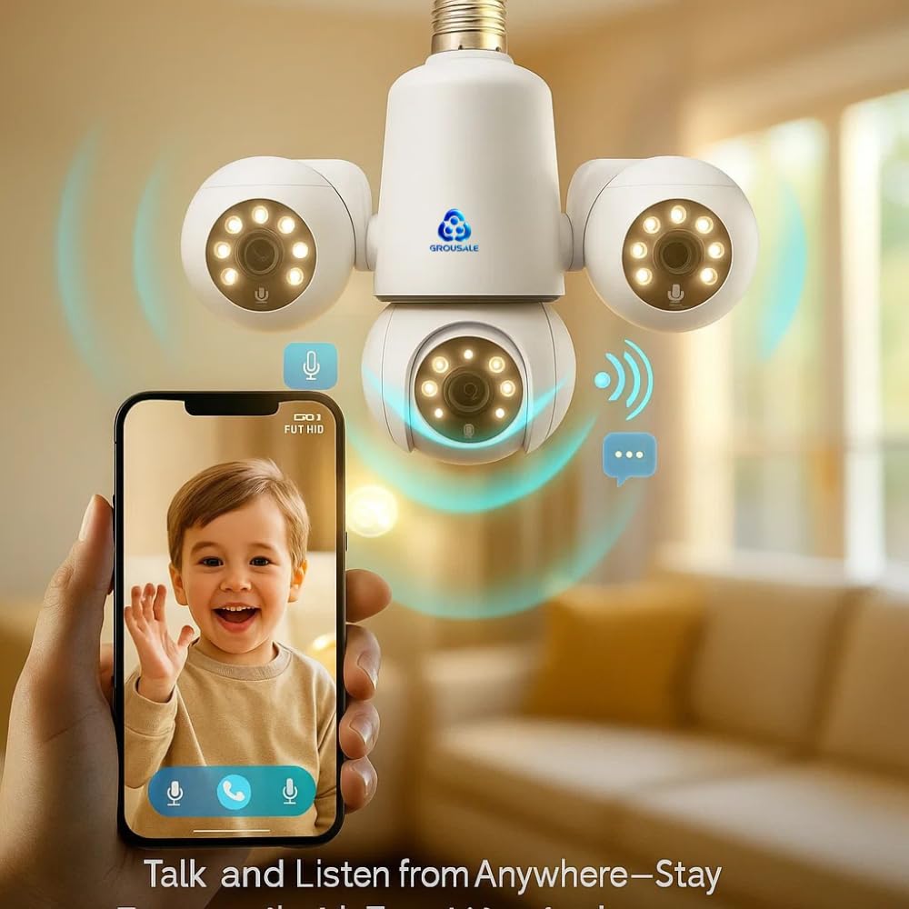 Trion Bulb 5MP*5 FHD Triple Lens WiFi CCTV Camera | Manual Side Rotation | 360° View | Color Night Vision | AI Human Detection | Two-Way Audio | Indoor Security | TF Card Support