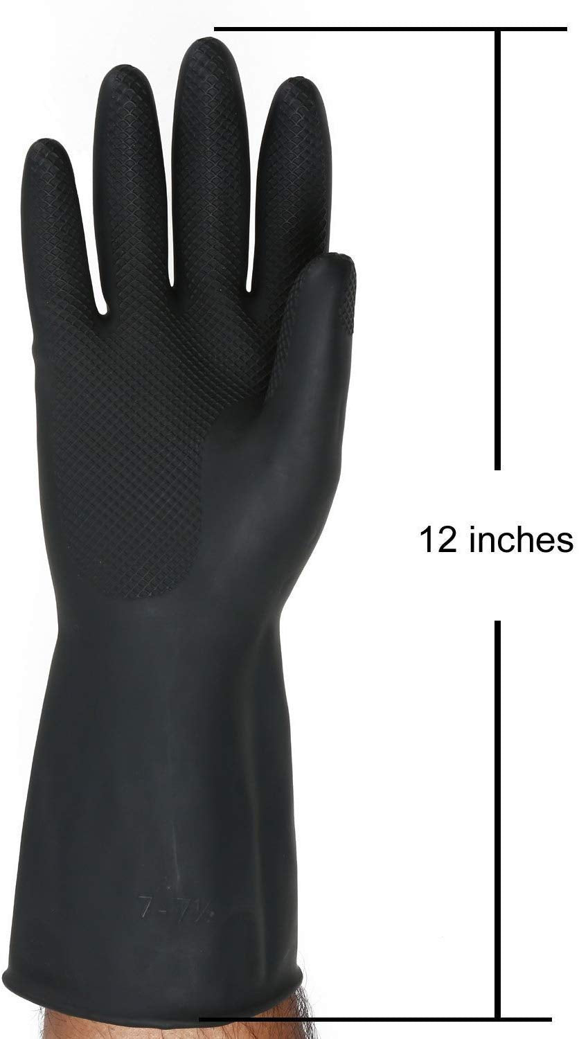 Durable cleaning gloves made from natural gum rubber.