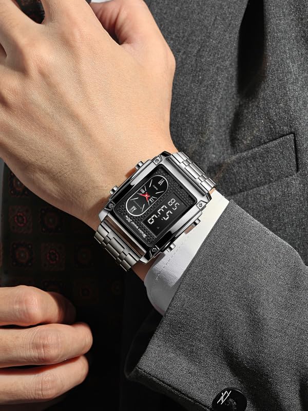 Giordano Analog-Digital Quartz Watch for Men with LED Light, 3-Time Display, Date Function, 30M Water Resistance & Stainless Steel Strap