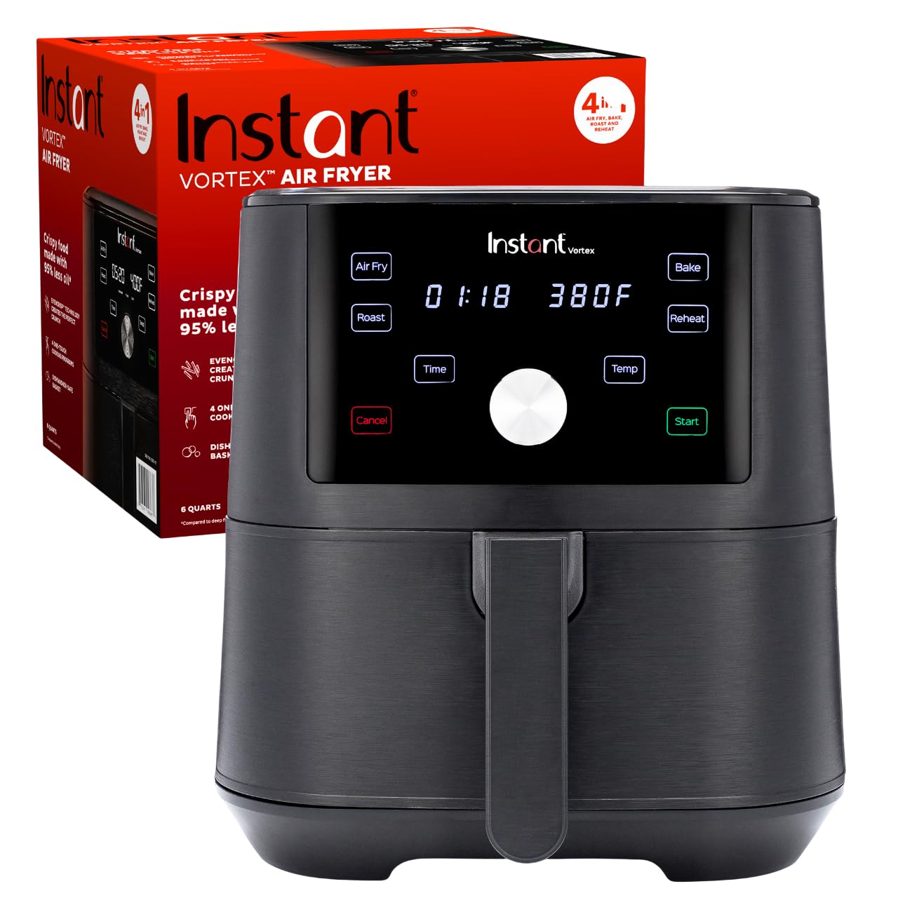 Instant Pot Air Fryer,Vortex 4 Litre,Touch Control Panel,360 Degree Evencrisp Technology,Uses 95% Less Oil,4-In-1 Appliance: Air Fry,Roast,Bake,Reheat(Vortex 4 Litre)6 Quarts,1700 Watt,Black