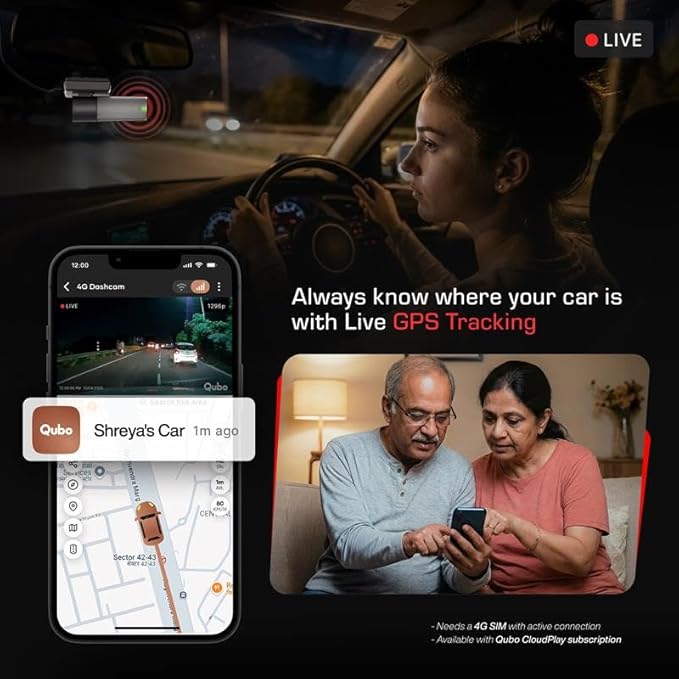 Qubo Dashcam 4G Live by Hero Group [New Launch] | Remote Live View I GPS Tracking & Smart Alerts | 2K QHD | 140° FOV | Wi-Fi & App Control | Supports upto 1TB SD Card  | 1-Year Free Cloud Subscription