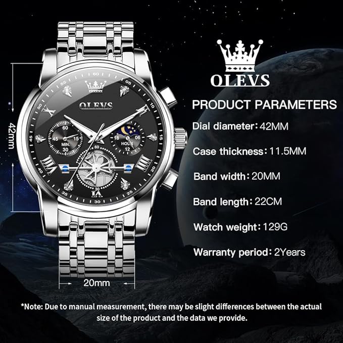 OLEVS Mens Chronograph Watch Gold Silver Stainless Steel Chain Quartz Wrist Watches Business Dress Waterproof Luminous Date Watch