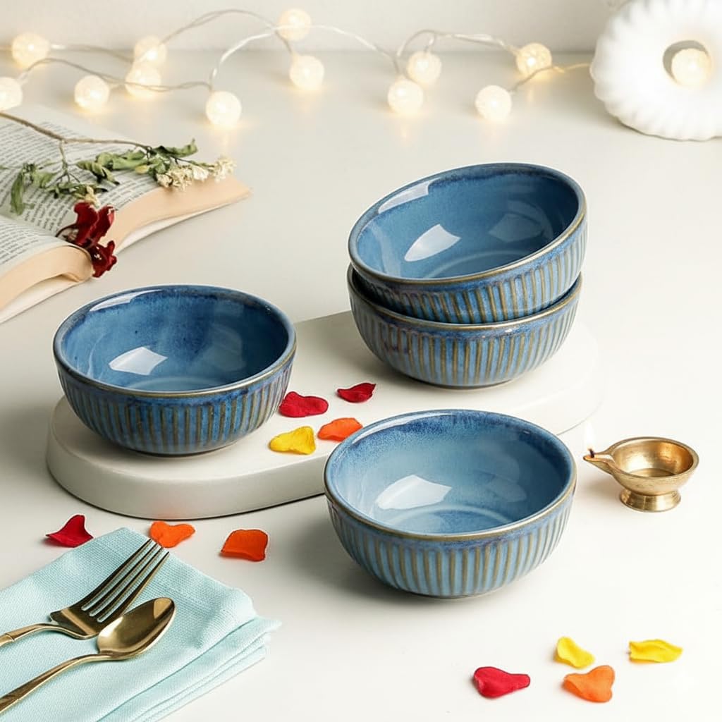 The Earth Store Glam Green Ceramic Bowl Set of 4, 250 ML Microwave & Dishwasher Safe Bowl Katori for Serving Snacks, Dal, Rice, Dessert | Perfect for Gifting and Daily Use