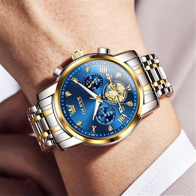OLEVS Mens Chronograph Watch Gold Silver Stainless Steel Chain Quartz Wrist Watches Business Dress Waterproof Luminous Date Watch
