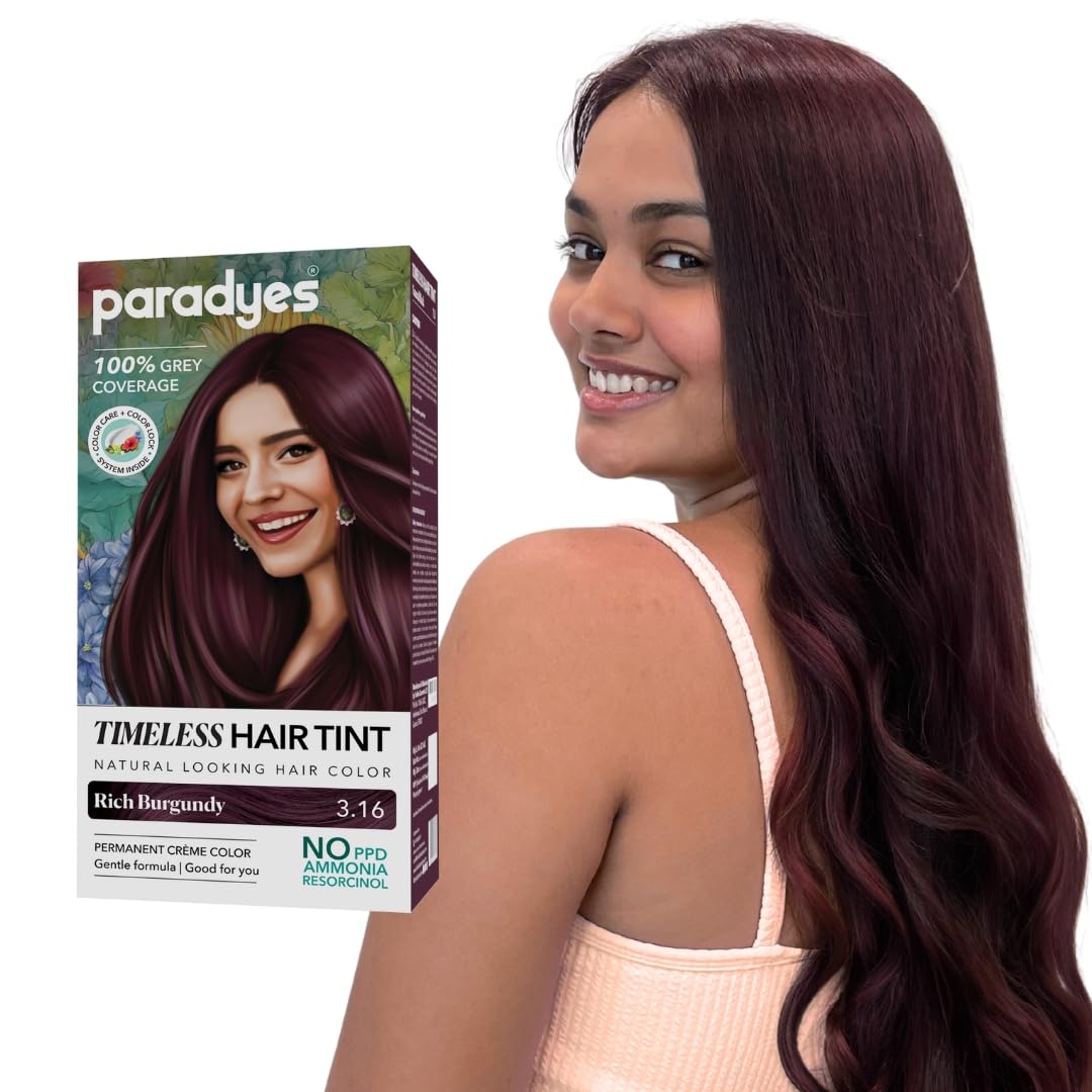 Paradyes Black Cherry Timeless Hair Tint, Permanent Crème Hair Colour for Natural-Looking Results, Complete Grey Coverage, Long-Lasting Formula Free from PPD, Ammonia, & Resorcinol, 3.6 Black Cherry