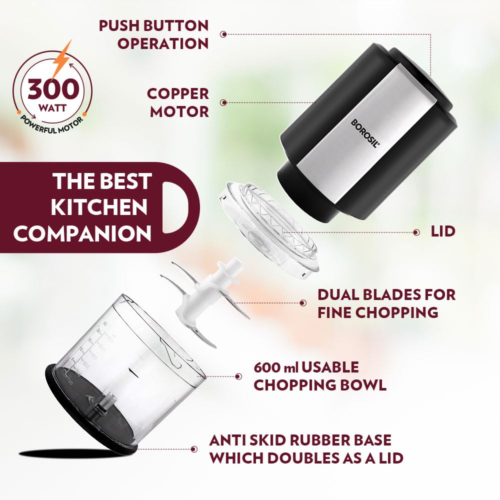 Borosil Chef Delite 300 Watts Electric Chopper for Kitchen, Twin Blade Technology, 600 ml 'chop-n-store' plastic bowl with lid, Vegetable Chopper, Cutter, Chop, Mince, Dice, Whisk, Blend - Springkart 