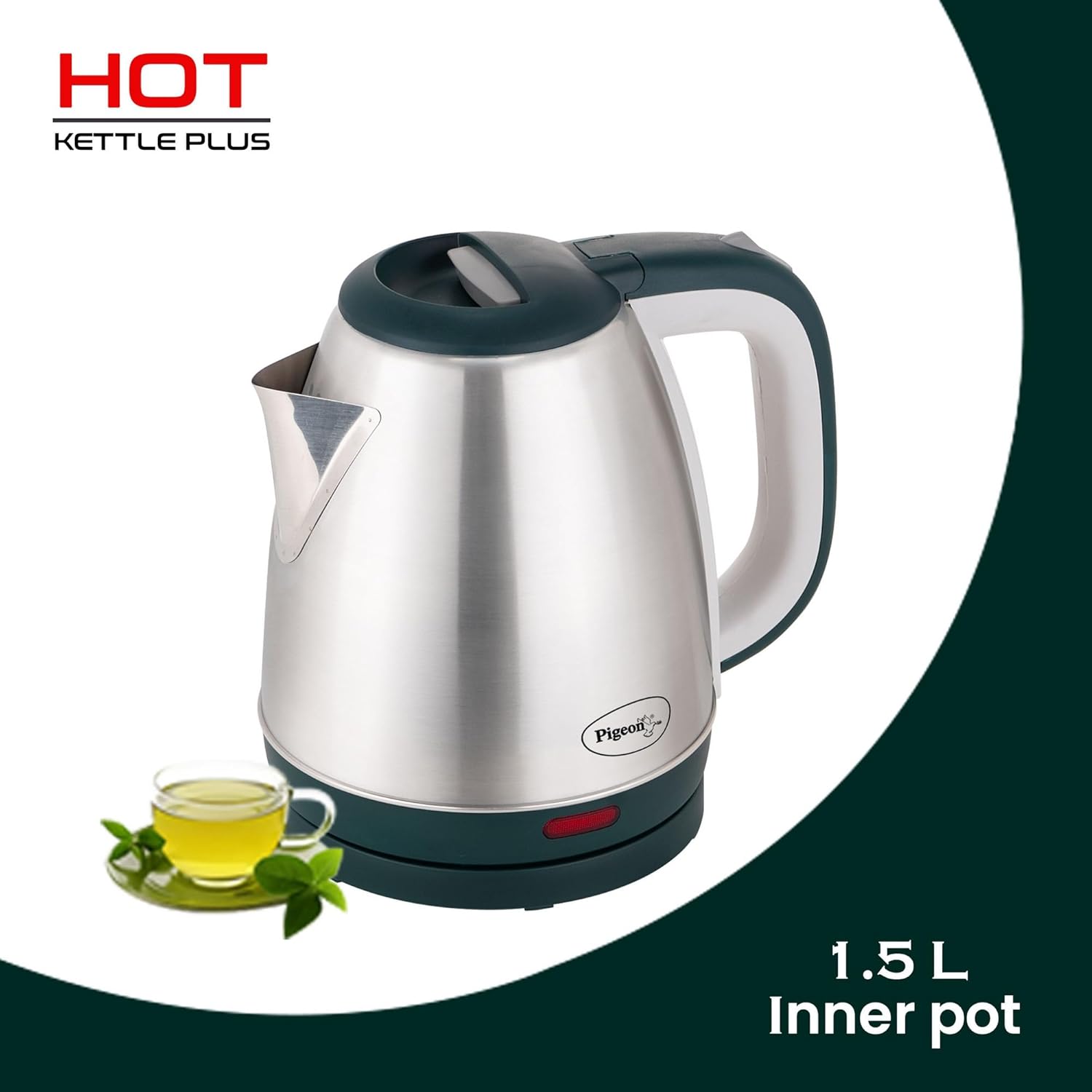 Pigeon by Stovekraft Hot Plus Electric Kettle (16245) with Stainless Steel Body, 1.5 litre, used for boiling Water, making tea and coffee, instant noodles, soup etc. (Green)