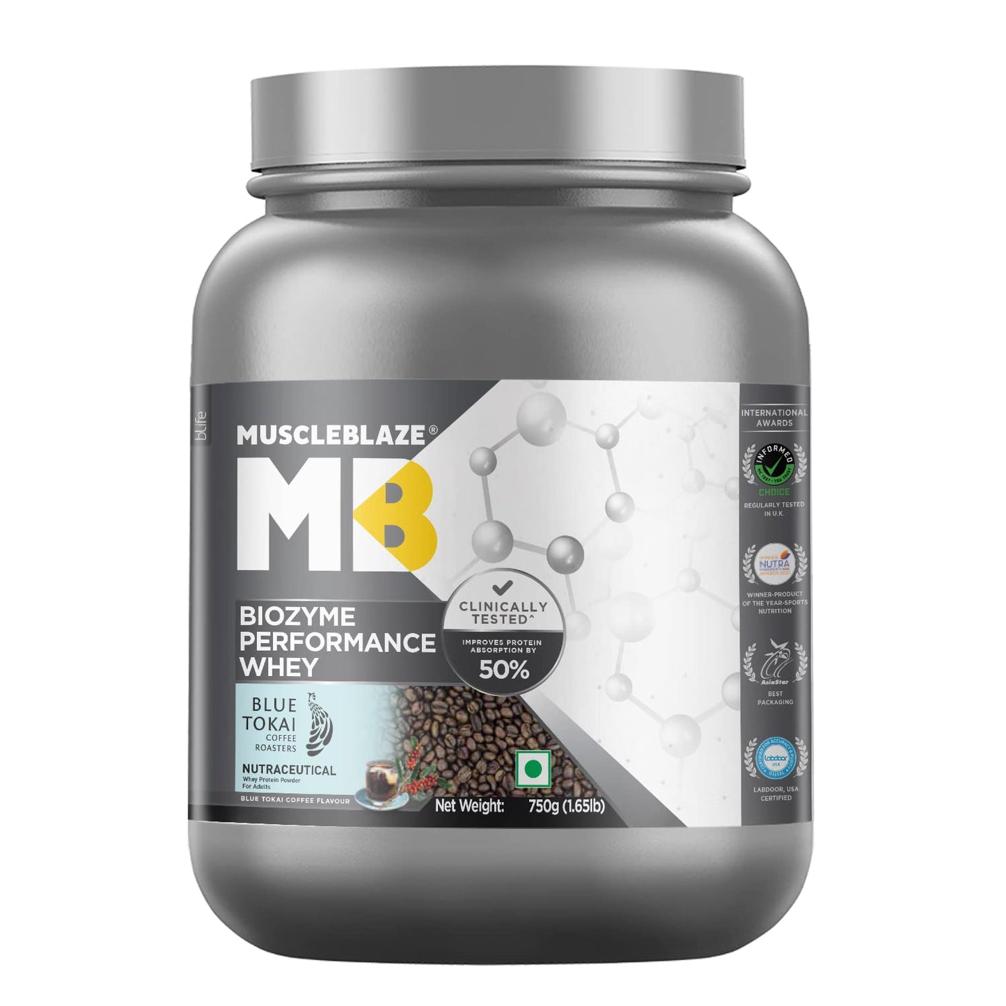 MuscleBlaze Biozyme Performance Whey Protein Powder, Rich Chocolate (1kg / 2.2lbs) | 25g Protein Per Scoop | Clinically Tested 50% Higher Protein Absorption