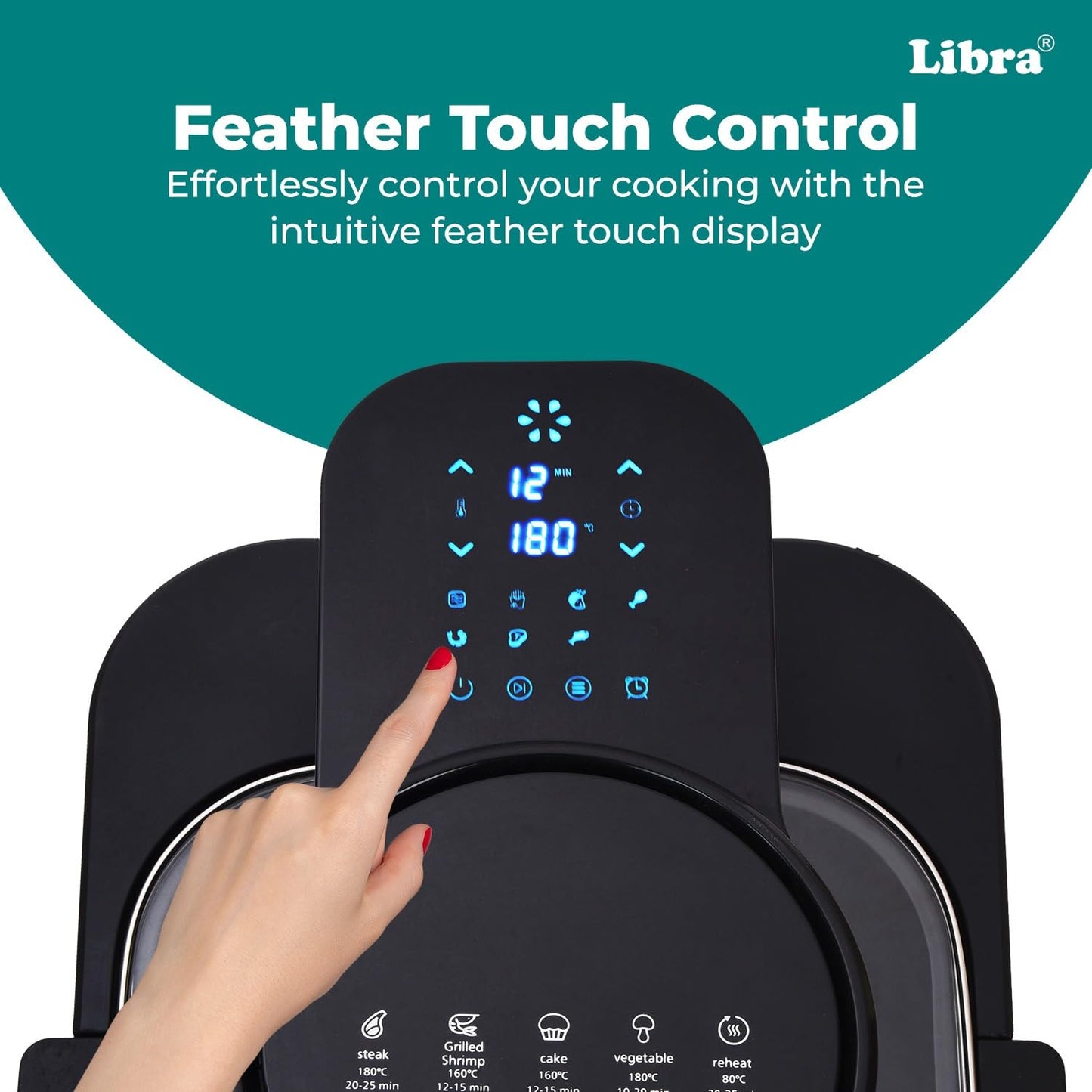 Libra 8 Litre Digital Air Fryer for Home | 1740 Watts Powerful Air Fryer | 9-in-1 Function: Air Fry, Toast, Grill, Bake, Reheat & Keep Warm | Fast & Even Cooking | Feather Touch LED Display Black