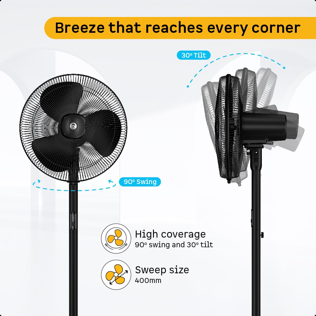 atomberg Renesa 400mm Pedestal Fan for Home | Silent BLDC Stand Fan | LED Display | 6 Speeds | Remote with Oscillation, Timer, Sleep | 2 Year Warranty (Midnight Black)