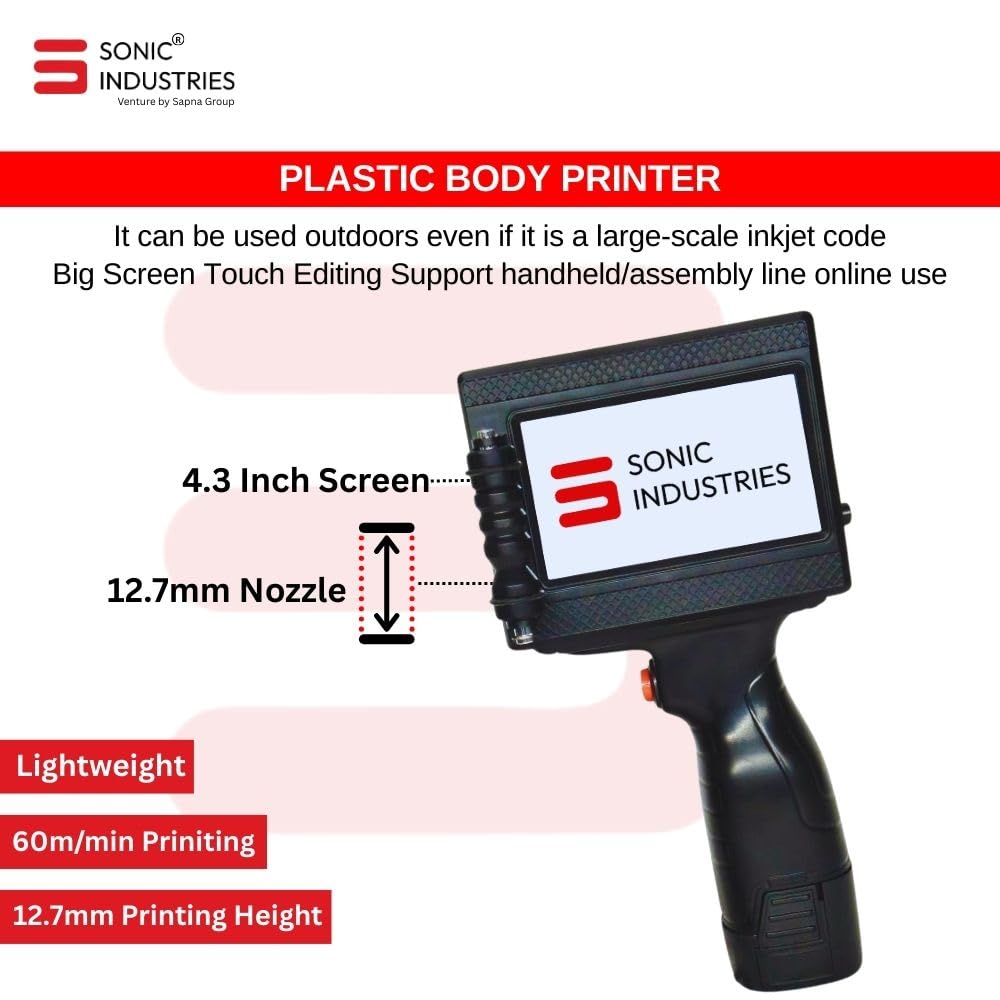 SONIC INDUSTRIES Handheld Batch Coding Machine – Portable TIJ Inkjet Printer for Expiry Date, MRP & Barcode Printing | 600 DPI Industrial Coding Machine for Packaging, Manufacturing & Small Business