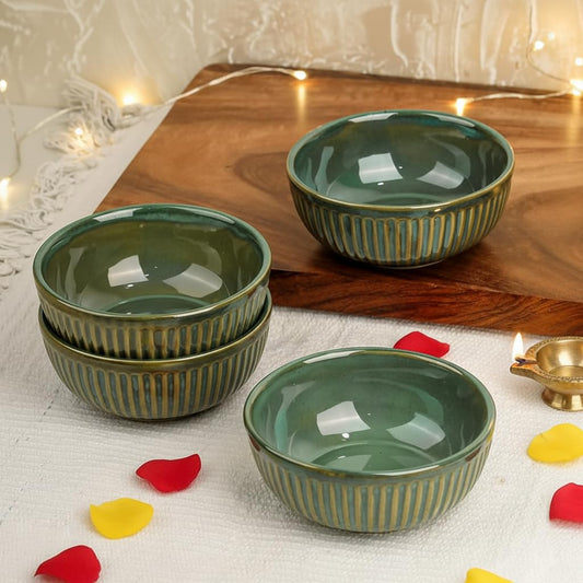 The Earth Store Glam Green Ceramic Bowl Set of 4, 250 ML Microwave & Dishwasher Safe Bowl Katori for Serving Snacks, Dal, Rice, Dessert | Perfect for Gifting and Daily Use