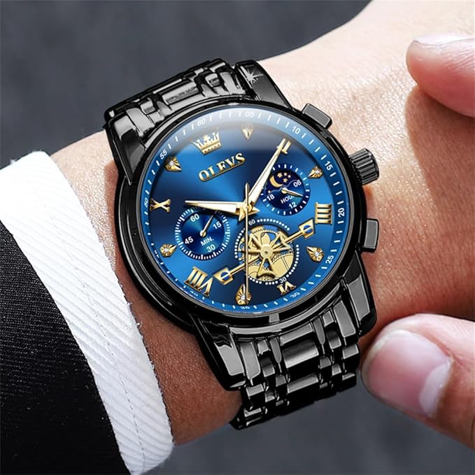 OLEVS Mens Chronograph Watch Gold Silver Stainless Steel Chain Quartz Wrist Watches Business Dress Waterproof Luminous Date Watch