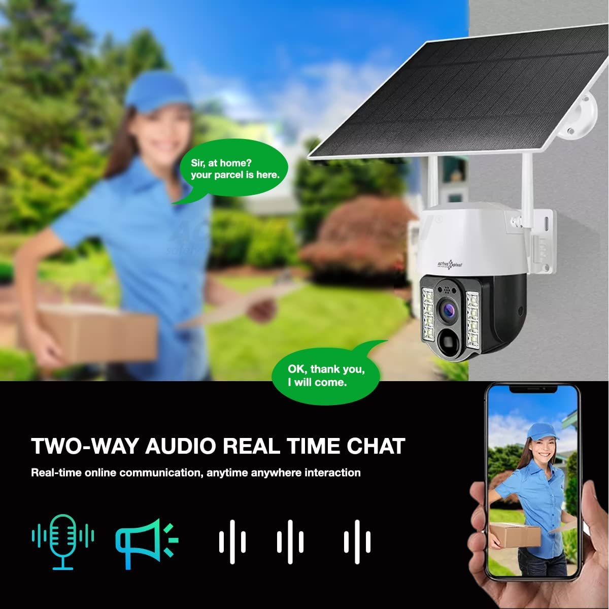 Active Pixel 4G 4mp Solar Battery Powered SIM Card Supported Wireless CCTV Security Camera, IP65 Waterproof, Two-Way Audio, PIR Motion Detection, Pan Tilt.