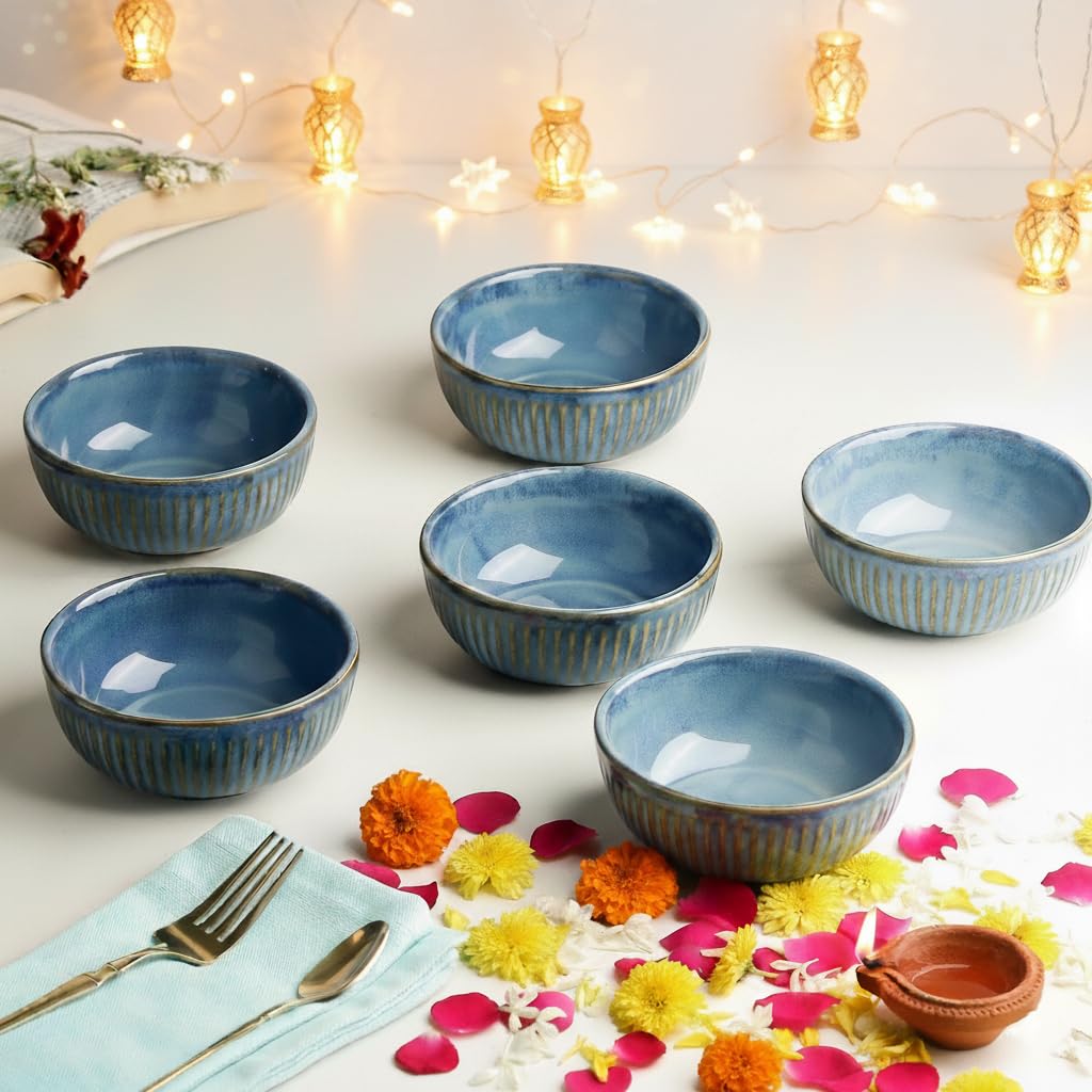 The Earth Store Glam Green Ceramic Bowl Set of 4, 250 ML Microwave & Dishwasher Safe Bowl Katori for Serving Snacks, Dal, Rice, Dessert | Perfect for Gifting and Daily Use