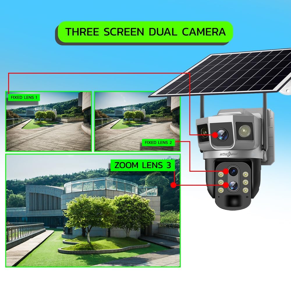 Active Pixel 4+4+4MP 10X Zoom Dual Camera Solar 4G IP PTZ Wireless CCTV Camera Surveillance Outdoor Waterproof Monitor PIR Motion Detect Night Vision