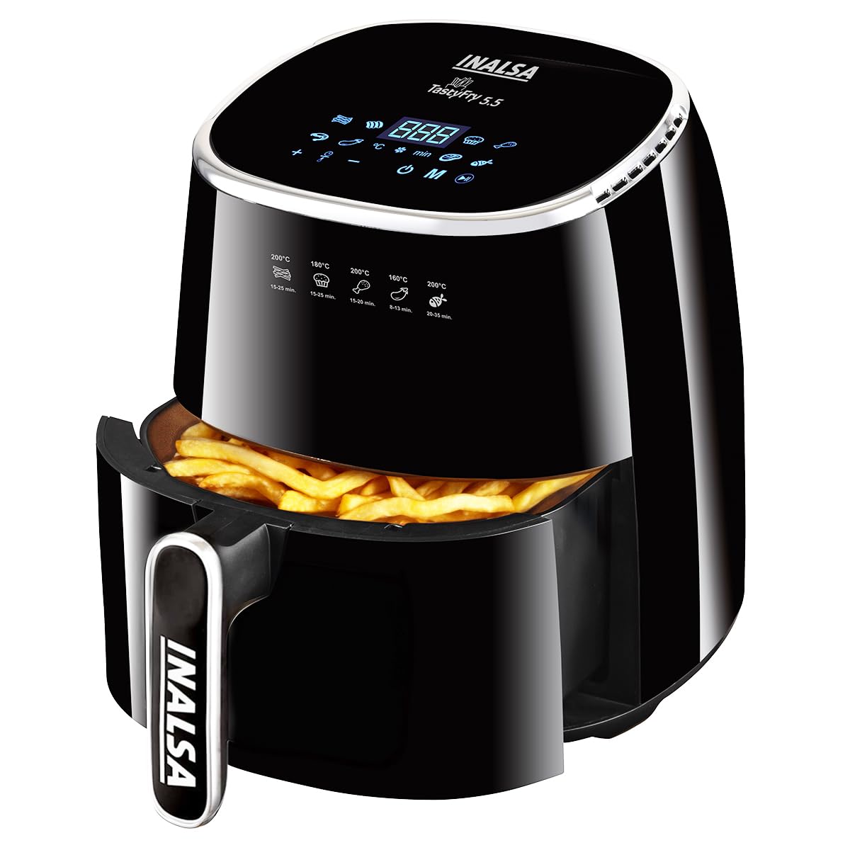INALSA Air Fryer for Home|5.5 liter Capacity|Visible Window & Internal Light|1600 W with Smart AirCrisp Technology|6-In-1 Appliance With 8 Preset Menu & Digital Display (Tasty fry DW5.5)Black