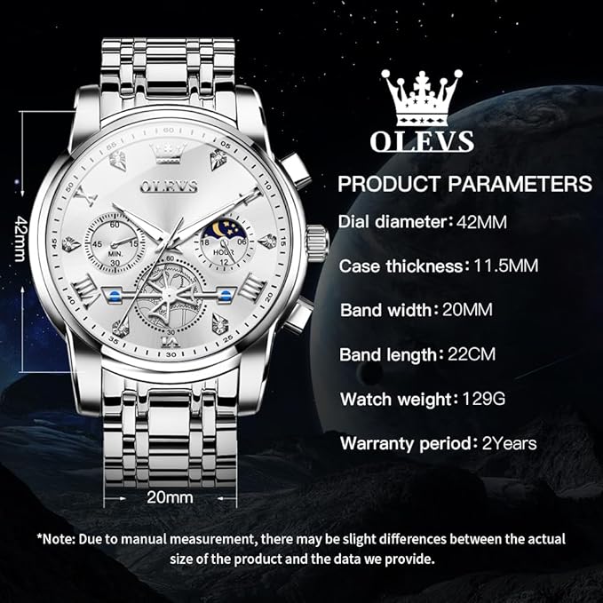 OLEVS Mens Chronograph Watch Gold Silver Stainless Steel Chain Quartz Wrist Watches Business Dress Waterproof Luminous Date Watch