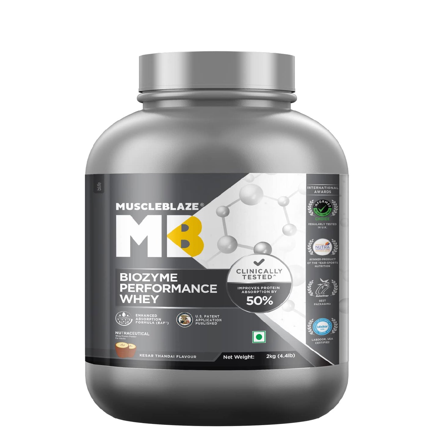 MuscleBlaze Biozyme Performance Whey Protein Powder, Rich Chocolate (1kg / 2.2lbs) | 25g Protein Per Scoop | Clinically Tested 50% Higher Protein Absorption