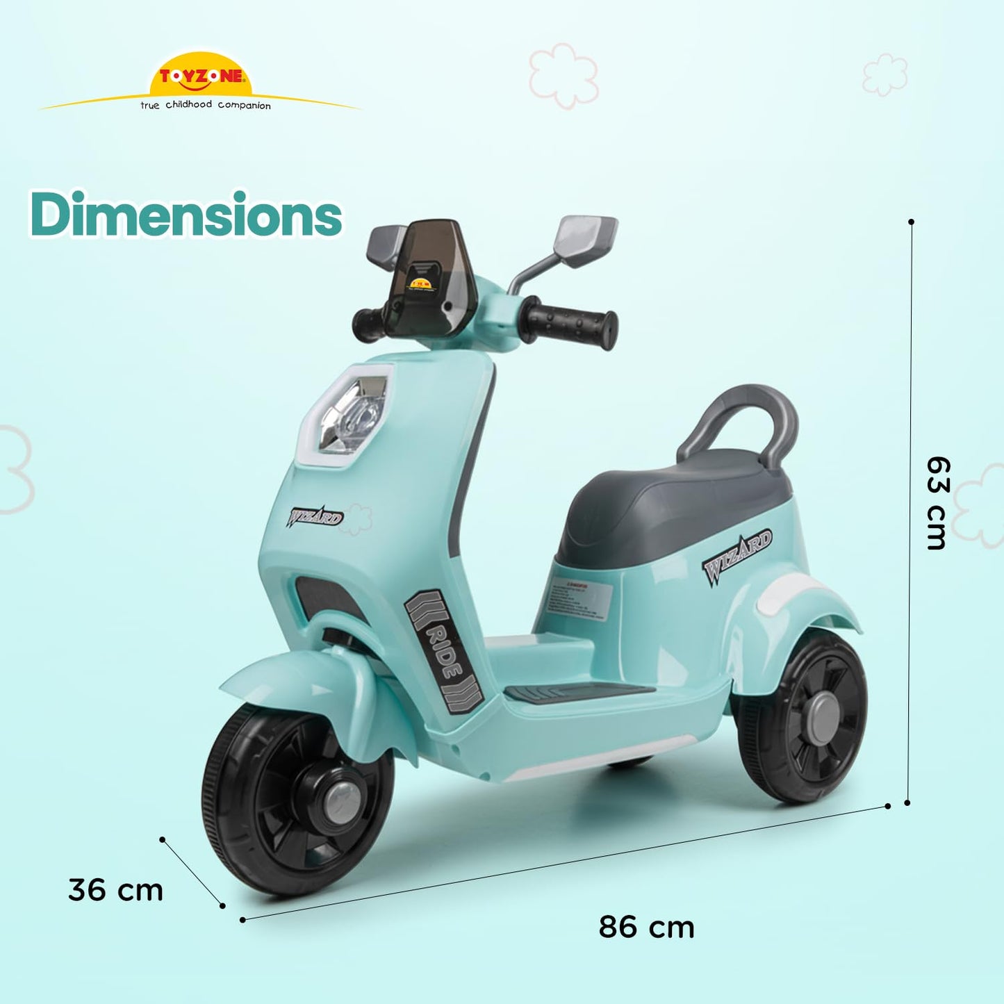 Toyzone Wizard Electric Scooty | Rechargeable Scooty 6V | Powered by 6.5 ah Battery | Music Player with Bluetoooth & USB | 6 Month Warranty on Battery | Make in India | for Kids 2+ Years (Blue)