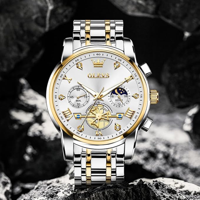 OLEVS Mens Chronograph Watch Gold Silver Stainless Steel Chain Quartz Wrist Watches Business Dress Waterproof Luminous Date Watch