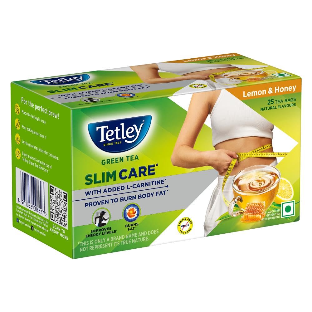 Tetley Green Tea Slim Care, With Added L-Carnitine, Helps Burn Body Fat, Boosts Energy, Low Calories, Delicious Natural Lemon and Honey Flavours, Makes 25 cups
