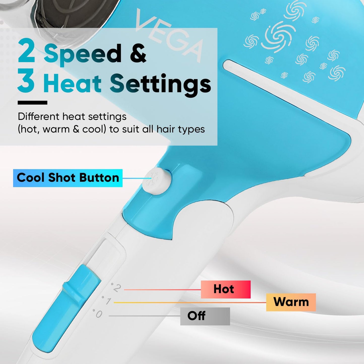 VEGA U Style 1600 Watts Foldable Hair Dryer For Women & Men With Cool Shot Button, 2 Speed/3 Heat Settings, Detachable Nozzle, Travel Friendly, Fast Hair Drying, (Vhdh-32),Blue - Springkart 