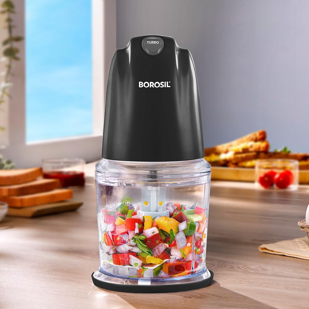 Borosil Chef Delite 300 Watts Electric Chopper for Kitchen, Twin Blade Technology, 600 ml 'chop-n-store' plastic bowl with lid, Vegetable Chopper, Cutter, Chop, Mince, Dice, Whisk, Blend - Springkart 