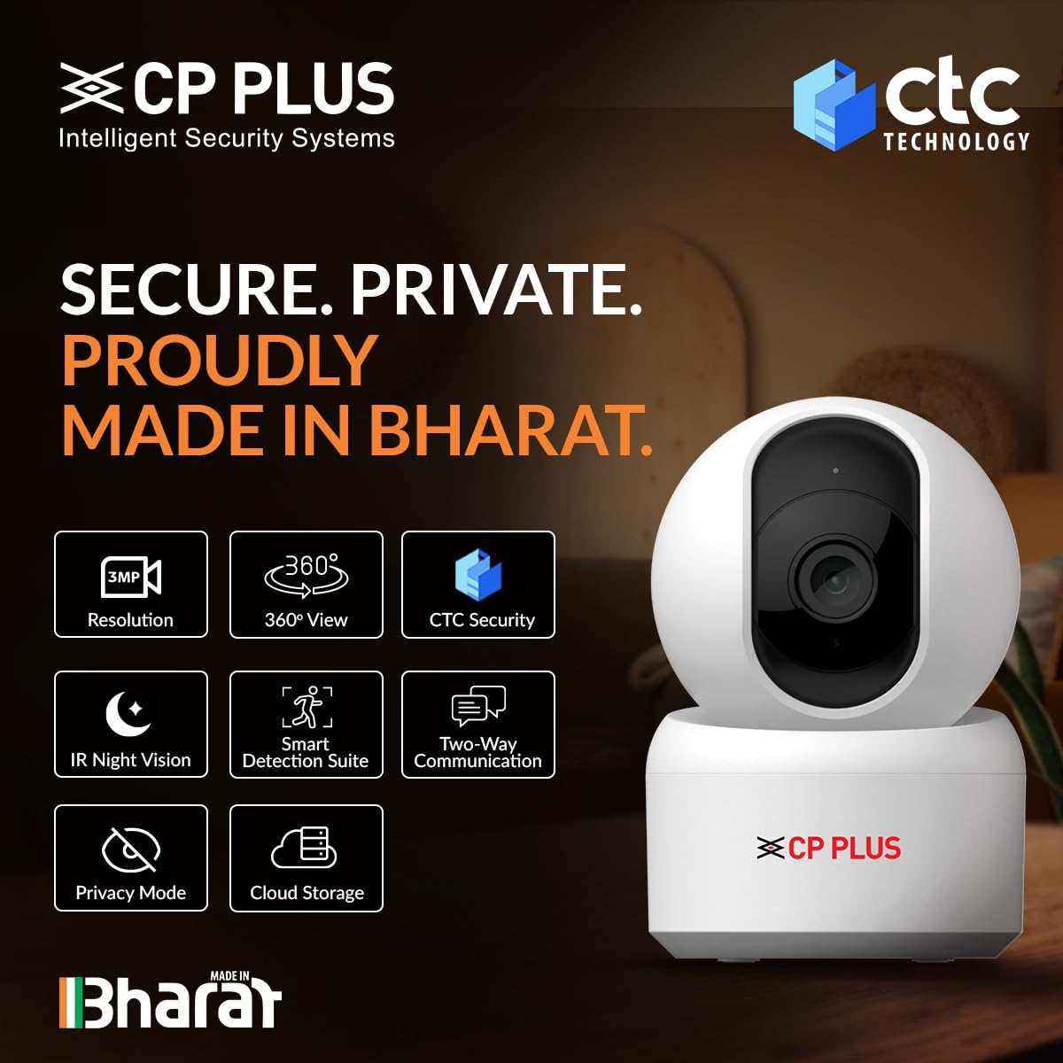 CP PLUS 3MP Full HD Smart Wi-Fi CCTV Camera | 360° Pan & Tilt | CTC Cyber Secure Tech | View & Talk | Motion Tracking | Night Vision | SD Card (Up to 256GB) | Alexa & OK Google | CP-E35Q