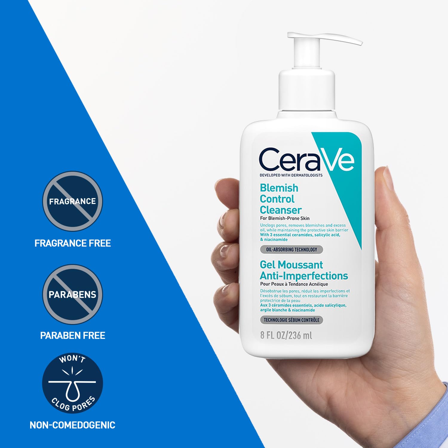 Cerave Blemish Control Cleanser with 2% Salicylic Acid & Niacinamide for Acne Prone Skin, Controls Acne & Spots, Unclog Pores & Reduces Blemishes, 236ml