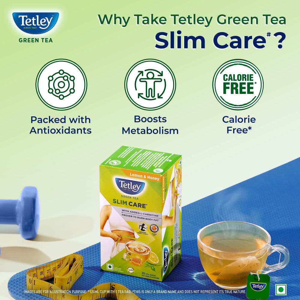 Tetley Green Tea Slim Care, With Added L-Carnitine, Helps Burn Body Fat, Boosts Energy, Low Calories, Delicious Natural Lemon and Honey Flavours, Makes 25 cups