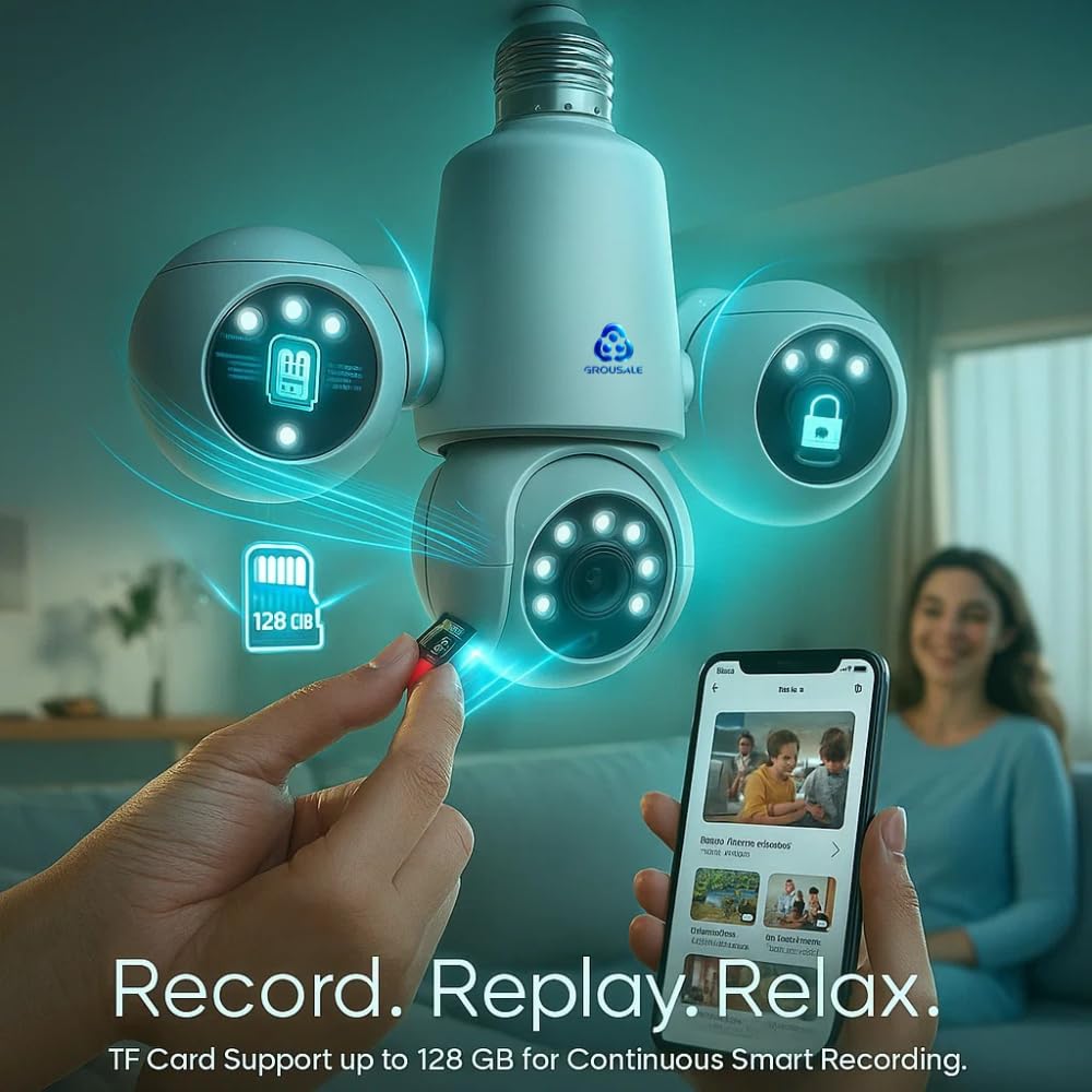 Trion Bulb 5MP*5 FHD Triple Lens WiFi CCTV Camera | Manual Side Rotation | 360° View | Color Night Vision | AI Human Detection | Two-Way Audio | Indoor Security | TF Card Support