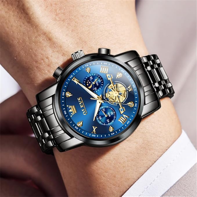 OLEVS Mens Chronograph Watch Gold Silver Stainless Steel Chain Quartz Wrist Watches Business Dress Waterproof Luminous Date Watch