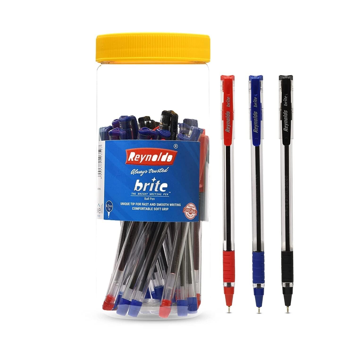 Reynolds BRITE Ball Pen SET - 25 BLUE PENS WITH COMFORTABLE GRIP | BALL PENS FOR WRITING | PEN FOR STUDENTS & OFFICE STATIONERY | 0.7 mm TIP SIZE - Springkart 