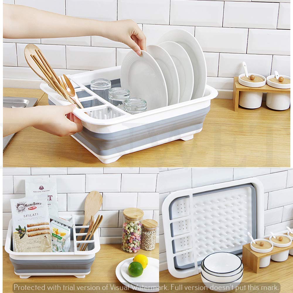 Collapsible Folding Silicone Dish Drying Drainer Rack with Spoon Fork Knife Storage Holder (Brown Box) - Springkart 